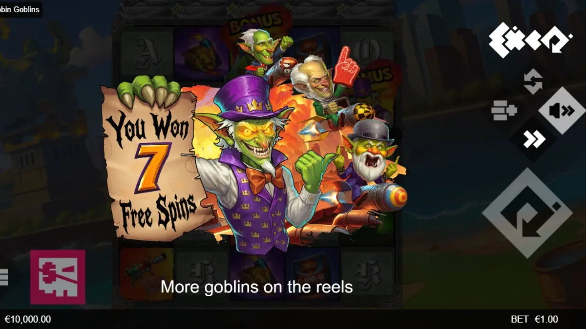 ภาพกราฟิกของเกมสล็อต Robbin’ Goblins ที่แสดงถึงความโกลาหลของเหล่าก็อบลินและระเบิด