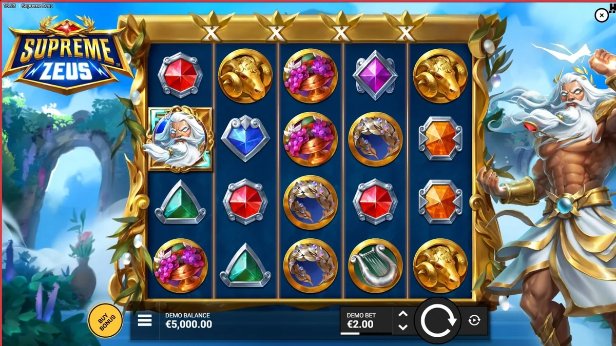 ภาพกราฟิกเทพเจ้าซุสและสายฟ้าในเกมสล็อต Supreme Zeus
